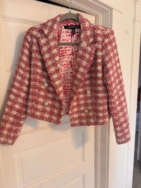 AQUA x Kerri Rosenthal Pink and Cream Tweed Heart Elbow Patch Cropped Blazer